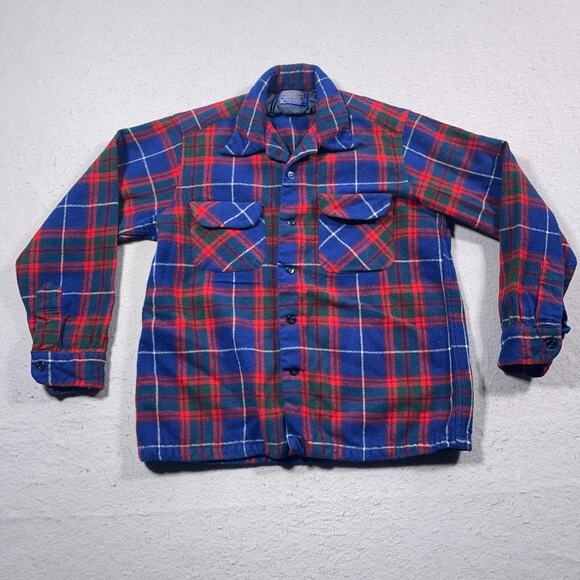 VTG Pendleton Wool Shirt Men S Red Blue Green Plaid‎ Board Short - Shrunk - Picture 1 of 11
